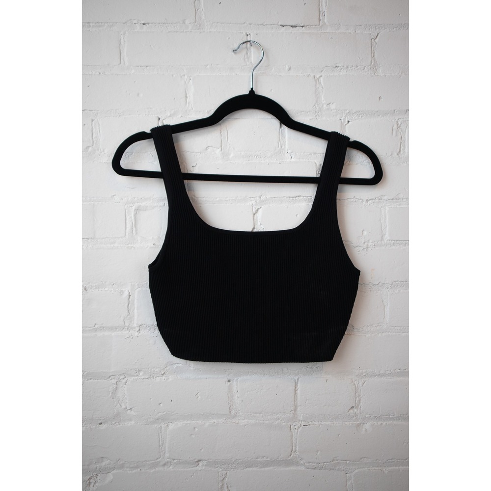 Babaton Ribbed Knit Square Neck Crop Top Black Size Medium